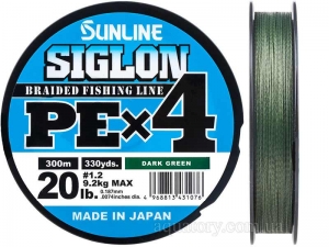 Шнур SUNLINE Siglon PE x4 300m #1.2/0.187mm 20lb/9.2kg /Dark Green